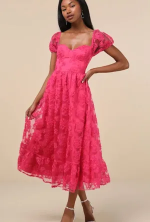Lulu's Fuchsia Lace Midi Dress with Puff Sleeves thumbnail 1