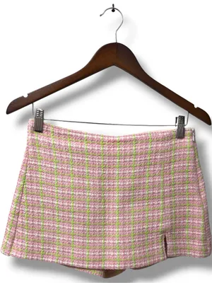 ZARA | NWOT Morocco Cotton Pink Green Plaid Tweed Side Zip Mini Skirt Shorts (S) thumbnail 3