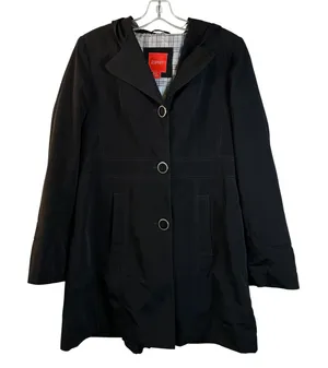 Esprit Black Hooded Trench Coat Mid Length Button Front Jacket Womens Size M thumbnail 1