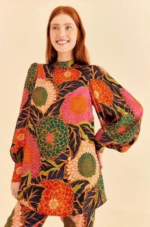 Farm Rio Women Top Small Multicolor Vintage Garden Satin Mock‎ Neck Puff Sleeve thumbnail 1