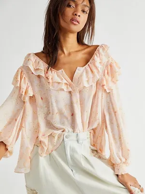 Free People Women’s Cherry Bright Blouse Top Ruffle Neck Sheer in Floral Peach M thumbnail 1
