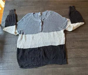 American Eagle Women's color-block gray white black waffle-knit henley sweater S thumbnail 1