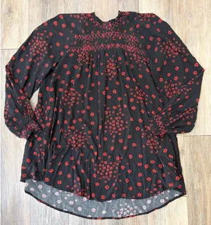 Free People Black Red Floral Blouse Sheer Boho Peasant Top Smocked Romantic thumbnail 1