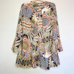 Umgee Bohemian Multicolor Printed Bell Sleeve Ruffle Hem Mini Dress Size L thumbnail 3