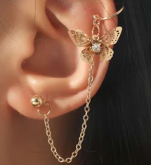 Gorgeous Butterfly charm chain linked cuff stud Gold thumbnail 1