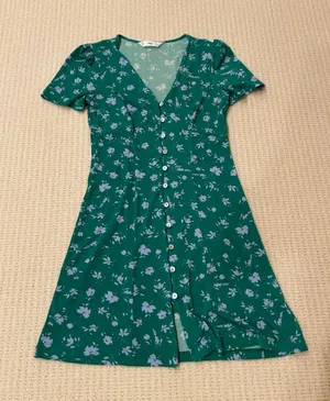 Mango Green with purple florals V-Neck button down mini Dress thumbnail 1