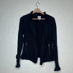 NIC+ZOE Womens Black Fringe Trim Open Front Knit Jacket XS Snap Cuff Pocket thumbnail 2