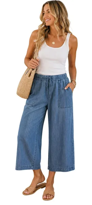 TXS by Thread & Supply Wide Leg Crop Pants Medium Wash Lyocell Size L NWT thumbnail 1