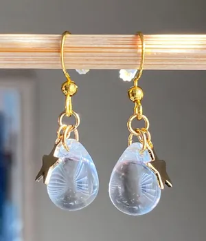 clear Czech glass teardrop & gold stainless star cute dangle earrings 🤍🌟 thumbnail 5