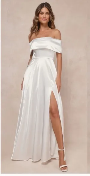 NWT Lulus Greatest Hits White Satin Off-the-Shoulder Maxi Dress Bridal Wedding S thumbnail 1