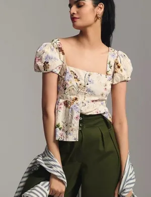 by Anthropologie Floral Corset Smocked Back Size Medium thumbnail 1