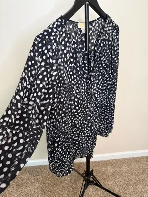 Michael Michael Kors Black & White Abstract Dot Tie-Neck Long Sleeve Blouse Size L thumbnail 5