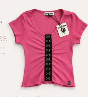 Daydreamer Pink Ribbed Baby Tee Cropped Y2K Fitted Graphic Top Large thumbnail 1