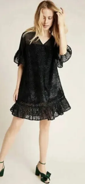 Anthropologie Amadi Lucinda Dress‎ Textured Dot Metallic Black Green Size Large thumbnail 1