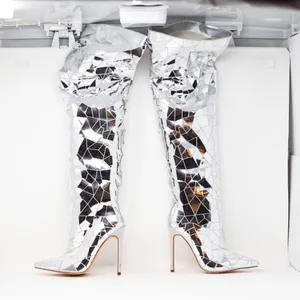 NEW Azalea Wang Shattered Disco Over The Knee High Heels Boots Shoes Silver 6 thumbnail 3