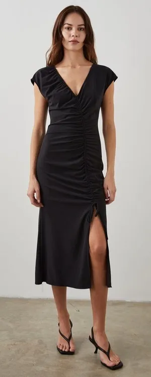NWT Rails Auren V-Neck Ruched Slit Midi Dress Black Size XS thumbnail 1