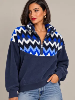Aerie oversized Sherpa Fleece Quarter Zip Pullover Blue Fair Isle Sweater S thumbnail 1