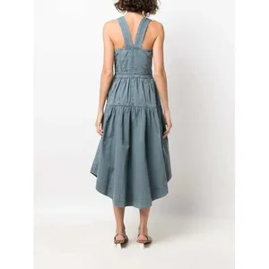 Ulla‎ Johnson Enzo Denim Dress Blue Cotton Tiered Midi Sweetheart Neck Size 4 thumbnail 12