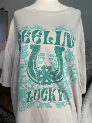 S/M Graphic Short Sleeve Tee in Cream with Teal Print thumbnail 2