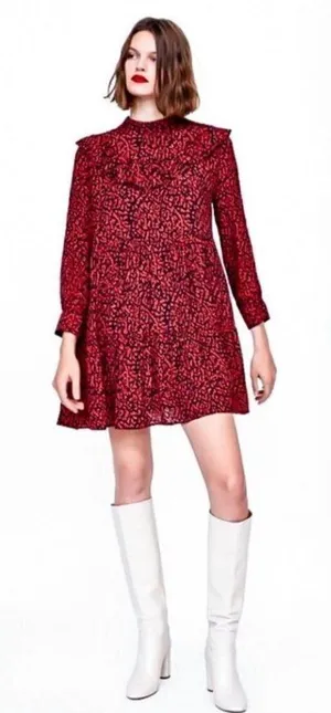 Zara‎ Red & Black Animal Print Ruffle Long Sleeve Mini Dress M thumbnail 1