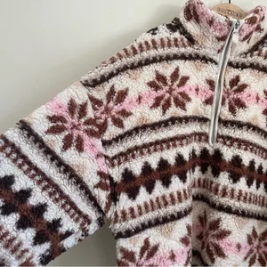 Aerie Sherpa Half Zip Pullover Snowflake Print Teddy Fleece Size M Pink Brown thumbnail 5