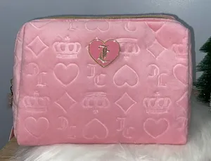 Juicy Couture Heart Logo Pink Velour Pressed Pattern Cosmetic Travel Bag NWT thumbnail 1