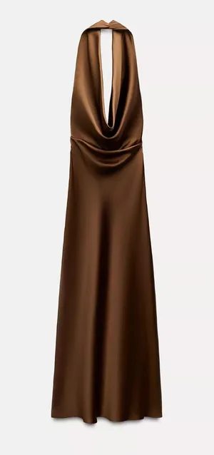 Zara dress gown maxi halter satin plunge neck Brown holiday wedding evening thumbnail 7