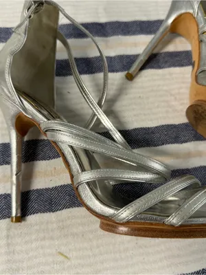 Badgley Mischka Silver Metallic Leather Strappy Stiletto Heels Evening Sandals thumbnail 5