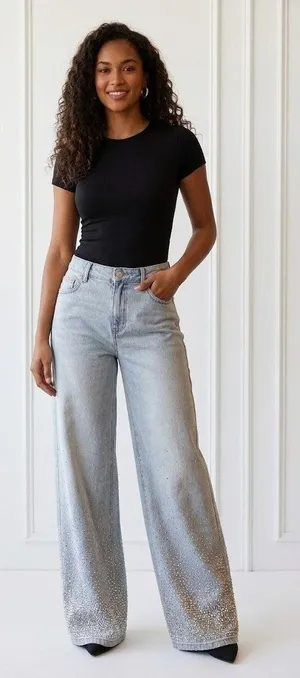 NWT Alice + Olivia Amazing Baggy in Rockstar Blue Rhinestone Wide Leg Jeans 32 thumbnail 1