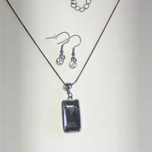 Dark Gray Smoky Gray Rectangle Pendant Necklace and Earrings Set thumbnail 3