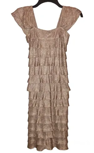Max Studio Ruffle Fringe Sleeveless‎ Tiered Dress Gold Metallic XS thumbnail 1