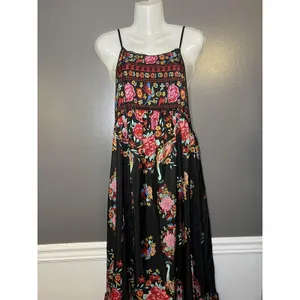 Be Passion Dress Womens Small Black Multicolor Floral Peacock Maxi Boho Sundress thumbnail 2
