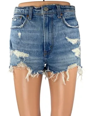 Abercrombie & Fitch Blue Distressed Frayed High Waist Denim Jeans Mom Shorts 25 thumbnail 1
