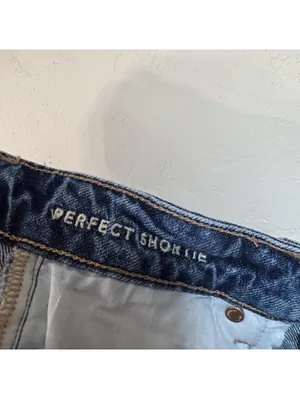 American Eagle Dark Wash Stretch Perfect Shortie Denim Shorts Cuffed Raw Hem 00 thumbnail 4