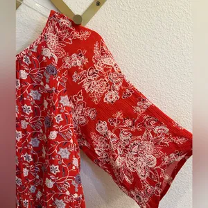 Free People Red Floral Bell Sleeve Mini Dress Medium thumbnail 2