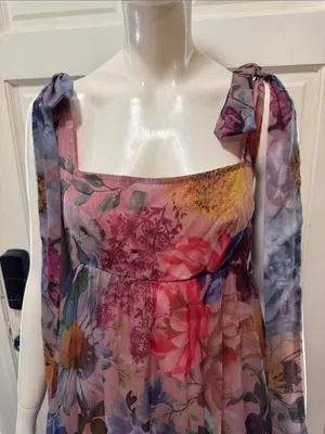 AUDREY PARKS+francesca's Floral Tiered Maxi Dress Tie Straps - Pink Multi S M thumbnail 3