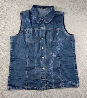 Retro Embroidered Denim Vest Women‎ XL Blue Boho Western VTG Coastal Art Utility thumbnail 1