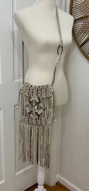 Lucky Brand Fringed Macrame Leather Crossbody‎ Bag Boho Western Festival Hippie thumbnail 1
