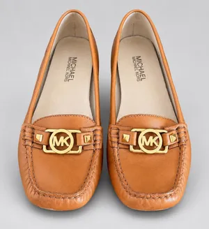Michael Kors Fulton Loafers Womens 7.5 Tan Leather Studded Logo Preppy Moccasin thumbnail 1