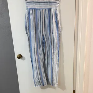 Polagram Blue and White Striped Short-Sleeve Jumpsuit thumbnail 4