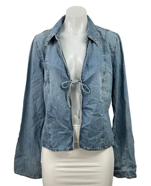 NEW Zara Blue Long Sleeve Collar Tie Knot Denim Jean Jacket Shirt Top Size XL thumbnail 1