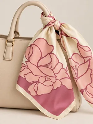Pink Floral Square Scarf – Cream & Dusty Rose Silky Feel thumbnail 4