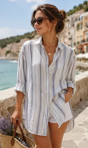 St Tropez West Womens L 100% Linen Striped Tunic Shirt Blue White Beach Vacation thumbnail 1