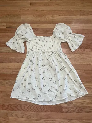 100% Cotton White Floral Gauze Babydoll Mini Dress Small Puff Sleeve Cottagecore thumbnail 7