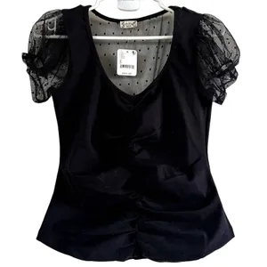 Free People Blush Up Cami Slim Ruched Swiss Dot Lace Puff Sleeve Black S NWT thumbnail 2