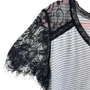 MAZIK Black Lace Trim Gray Striped‎ Lightweight V-Neck T-Shirt Size L thumbnail 3