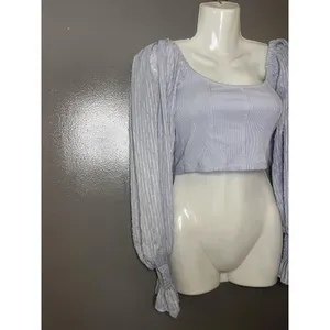 Urban Outfitters Blouse Womens Medium Purple Scoop Neck Sheer Sleeve Cropped Top thumbnail 3