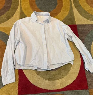 Japna Blue and White Stripe Cropped Button Down Long Sleeve Shirt Size Small thumbnail 1