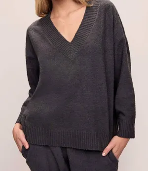 Eberjey BOUCLE BOYFRIEND OVERSIZED V NECK SWEATER GRAPHITE GRAY SMALL thumbnail 1