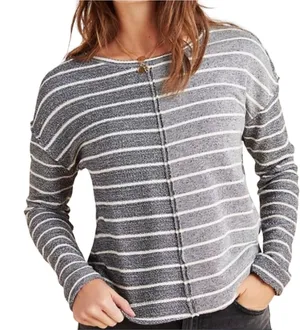ANTHROPOLOGIE Women’s Devin Heathered Navy Striped Textured Knit Top thumbnail 1